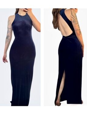 Vintage Y2K Shelli Segal Navy Velour Open Back Maxi Dress Size 6